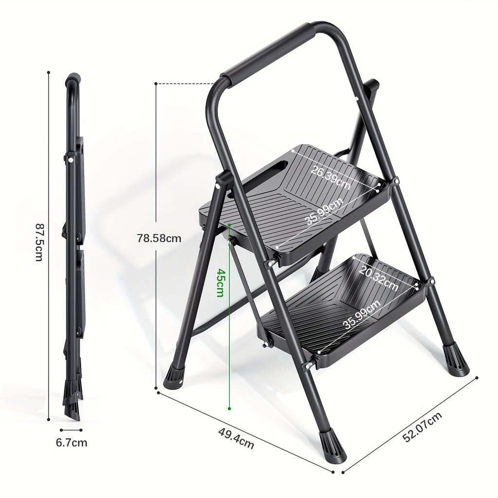2-Step Folding Ladder – Safe-Lock Sturdy Steel Anti-Slip Pedals & Handrail for Home Kitchen & Office in Black
