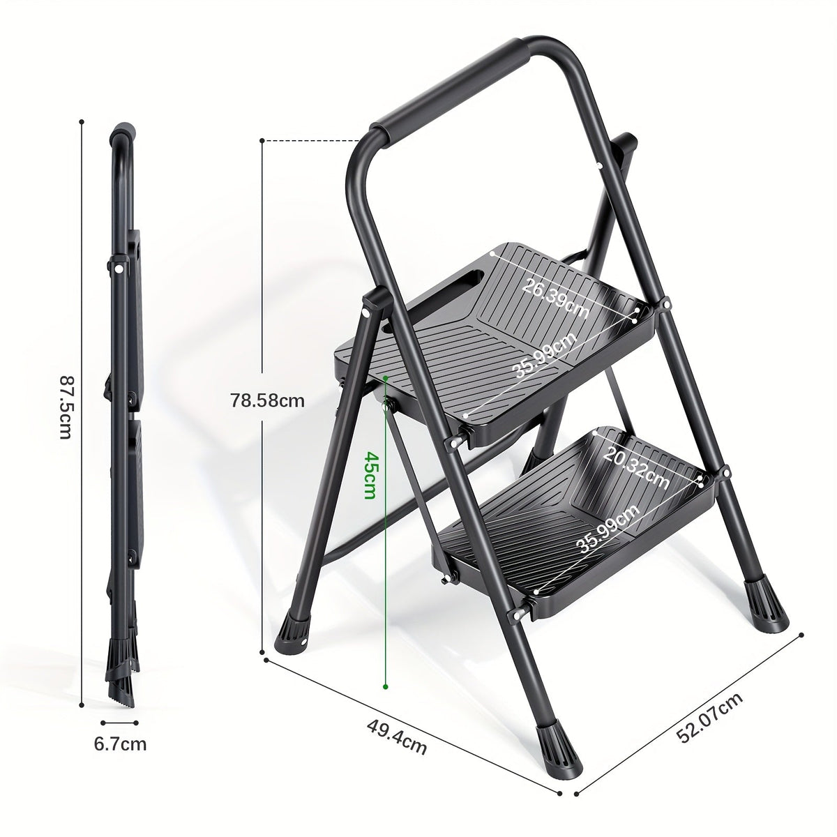2-Step Folding Ladder – Safe-Lock Sturdy Steel Anti-Slip Pedals & Handrail for Home Kitchen & Office in Black