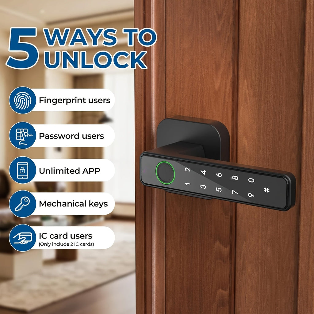 Smart Fingerprint Door Lock Keyless Entry Door Lever with APP IC Card Code Key & Biometric Unlock Aluminum Alloy for Bedroom Home Hotel Office & Apartment