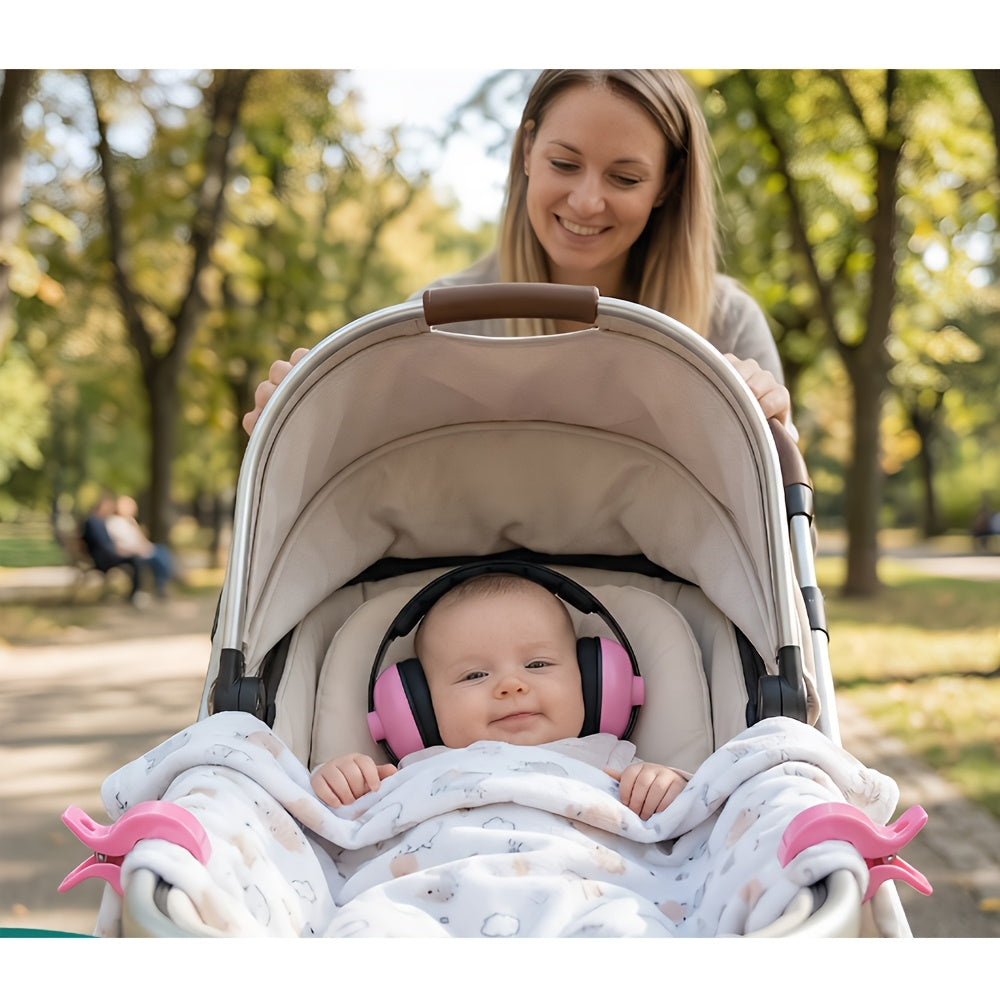 Portable Ear Muff with 2 Baby Stroller Fixing Clips, Soft Padded Adjustable Headband Ear Cover for Outdoor Travel & Camping, Removable Stroller Blanket Sunshade Clip Accessory Set