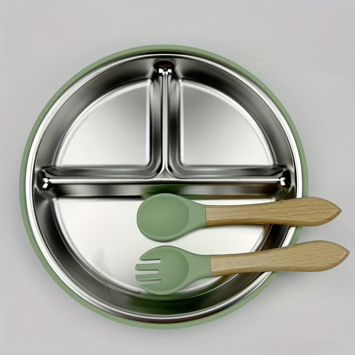 3-Piece Children's Tableware Set, Stainless Steel Plate with Wooden Fork & Spoon for Baby Food & Supplements, Drop-Resistant Easy to Clean, Gray Blue Light Pink & Dark Green, Holiday Gift