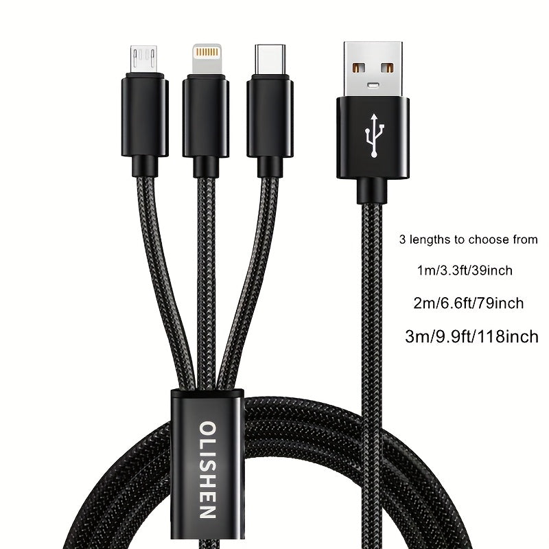 2-Pack 3-in-1 Fast Charging Cable - Nylon Braided Lightning, USB-C & Micro USB - 1m, 2m & 3m - For iPhone 6–17, Samsung, Huawei, Oppo, Vivo & More - 8 Color Combos