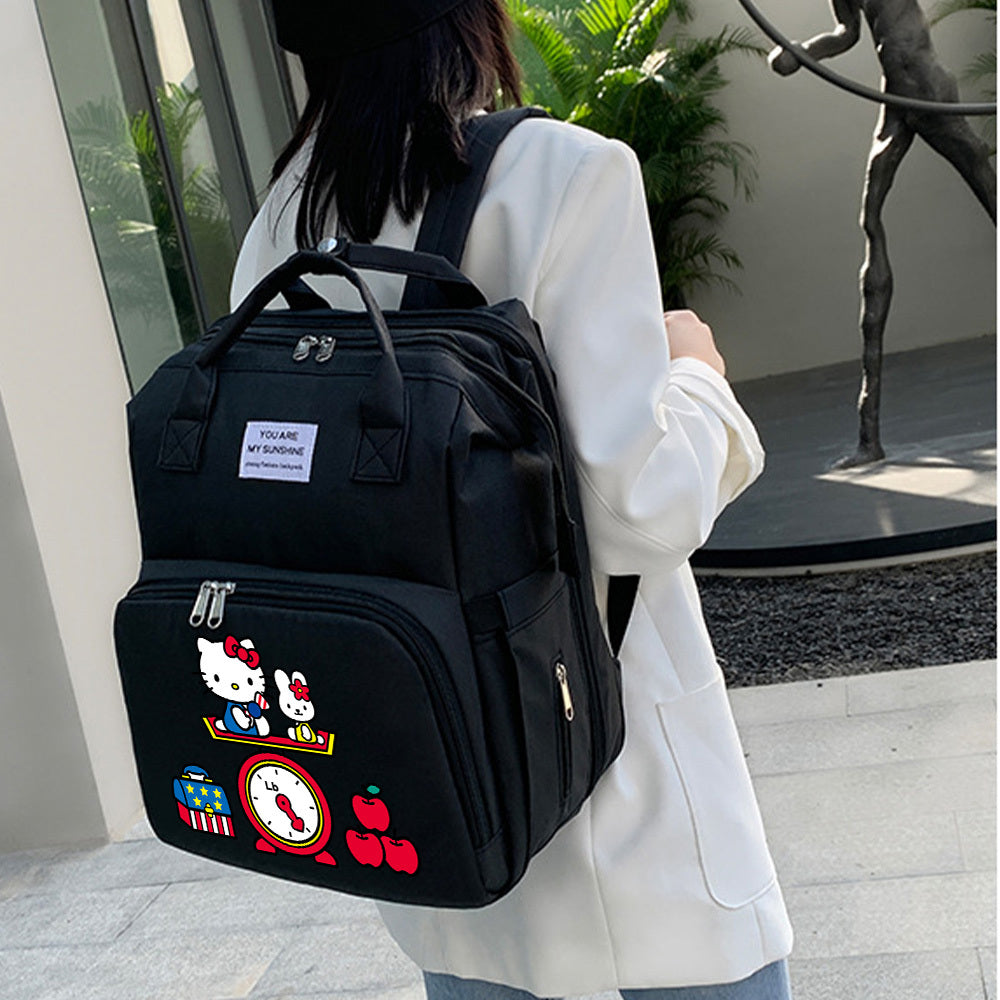 Cute Cartoon Kitty Print Diaper Backpack, Large Capacity Baby Bag for Travel & Daily Outing, Stylish Mom & Dad Baby Bag, Black Purple & Grey