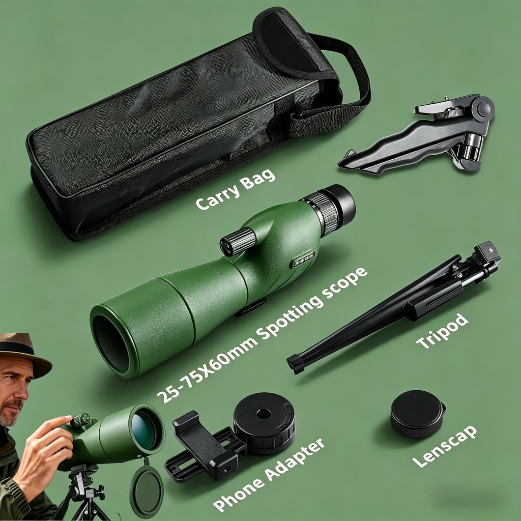 25-75x60 Portable Spotting Scope with Tripod & Phone Adapter - High Magnification Angled Eyepiece Monocular Telescope for Bird Watching, Shooting, Wildlife Viewing, Outdoor Travel & Camping