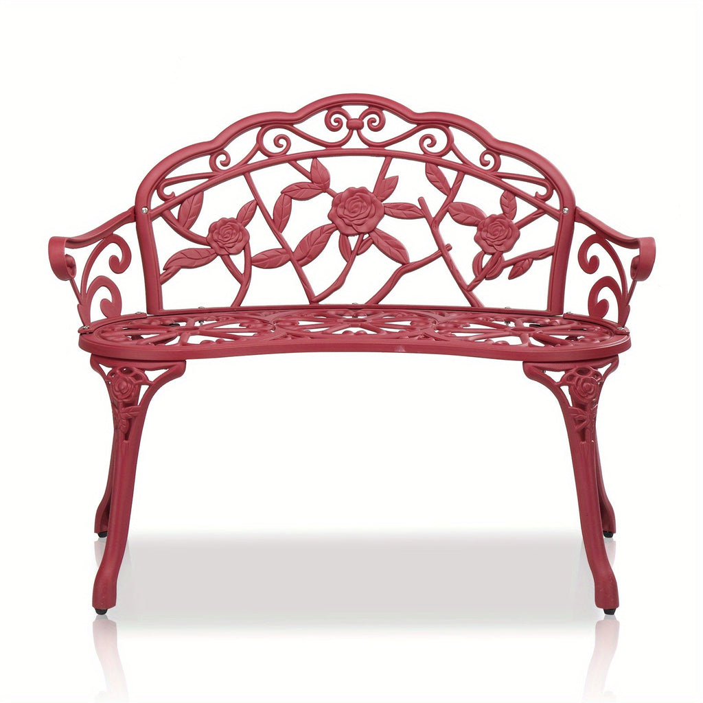 Rose Pattern Cast Aluminum Outdoor Bench 38.5", Floral Vintage Design, Weatherproof & Rustproof, Ergonomic Back & Armrests, Patio Garden Porch Courtyard Seating, Available in Red/Brown/Black