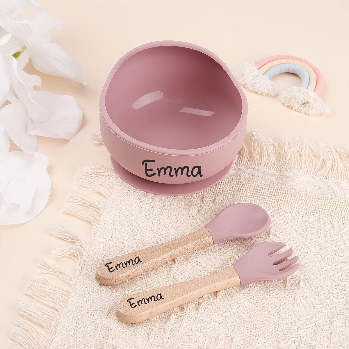 3-Piece Personalized Engraved Silicone Baby Suction Bowl Set, Custom Baby Feeding Bowls for Kids, Christening Gift, First Birthday Gift & Christmas Feeding Gift Set, Beige, Blue, Gray, Pink & Green