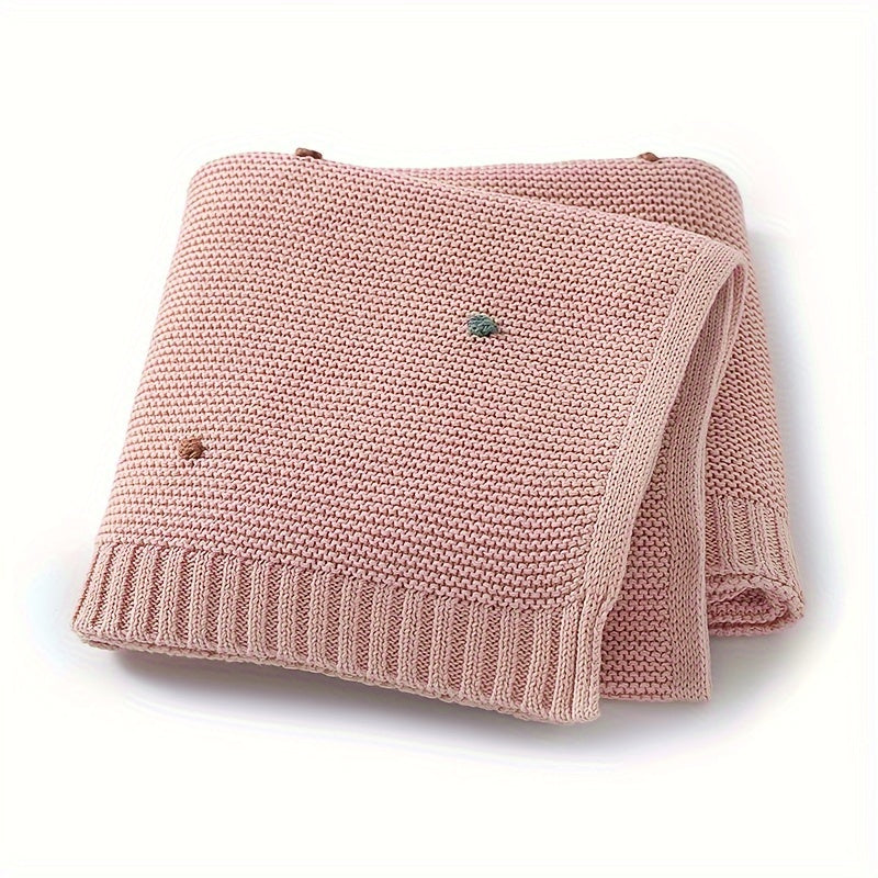 Pure Cotton Hand-Crocheted Pom-Pom Baby Blanket, Soft Knitted Handmade Throw Blanket for Newborns & Children, 4 Colors Including White Pink Light Blue & Light Camel