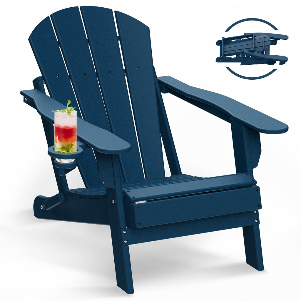 Folding Adirondack Chair with Cup Holder Portable Recliner Stainless Steel Frame Durable Plastic Easy Clean for Patio Poolside Garden Camping Set of 1 2 4 6