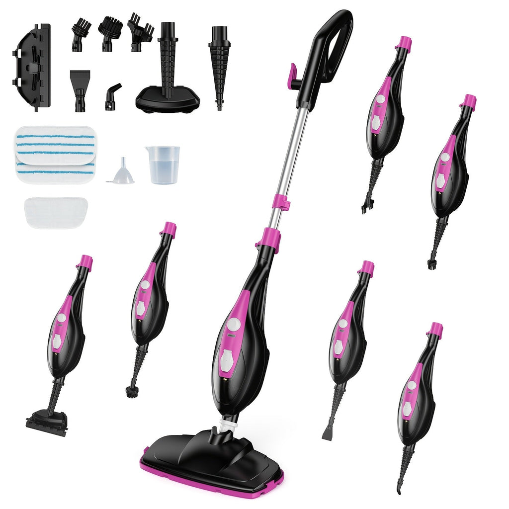 10-in-1 Steam Mop & Handheld Steam Cleaner - 1550W, Detachable, 2 Reusable Pads, 16.4ft Cord - Hardwood, Tile, Grout, Carpet & Windows - Black & Pink