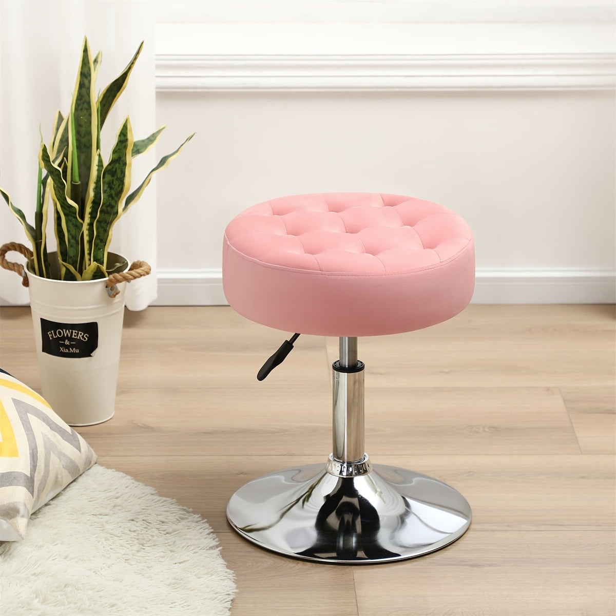 Tufted Velvet Round Swivel Stool 360 Degree Height Adjustable Makeup Vanity Stool Sturdy Metal Frame for Bedroom Bathroom Living Room Apartment Dorm Pink Black 16.5x16.25x20.5 Inch