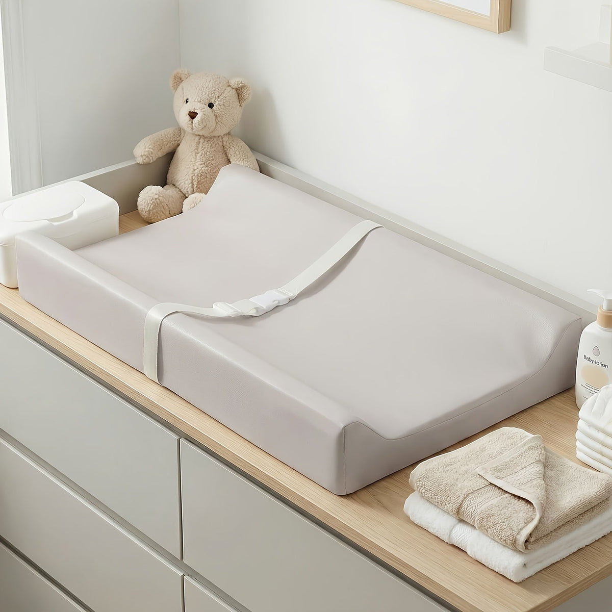 PASAMIC Secure Grip Baby Diaper Changing Pad for Dresser, Waterproof & Wipeable Contoured Changing Pad, Standard Size 15.74 x 31.1 Inch, Non-Slip Baby Changing Mat for Dresser Top, Grey, Beige & Pink