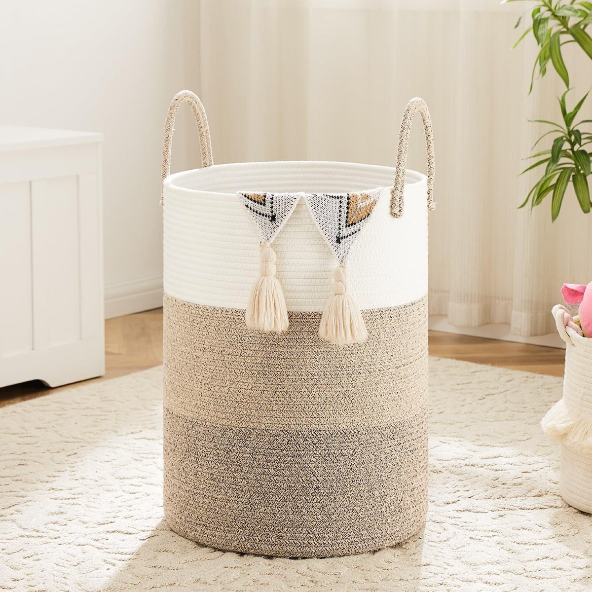 Collapsible Cotton Rope Woven Laundry Basket, Natural Elegant Laundry Hamper for Bathroom Nursery & Living Room, Versatile Storage for Clothes Toys & Blankets, 40L 60L 80L 100L, 9 Colors
