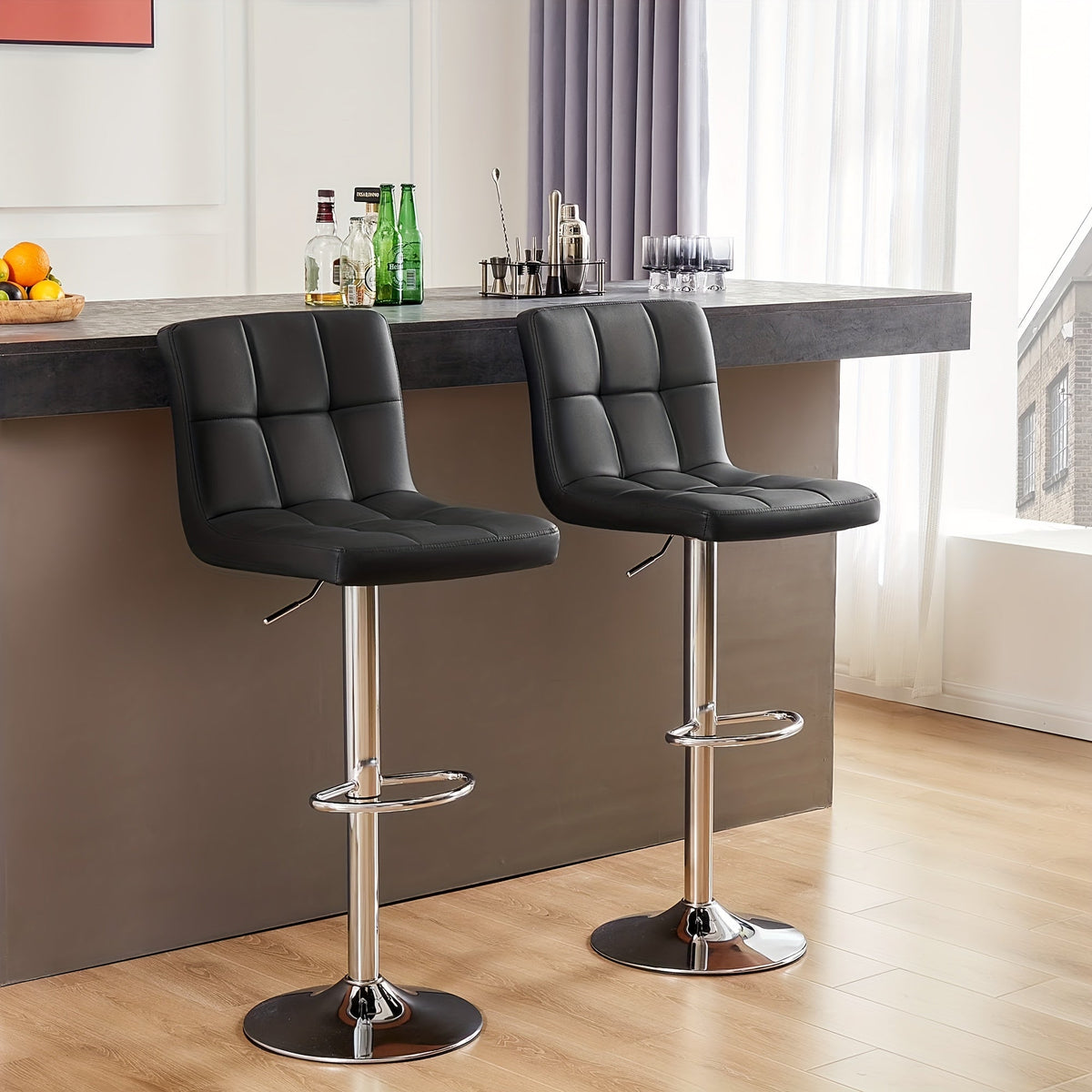 Adjustable Swivel Bar Stools Set of 2 Armless Hydraulic PU Leather with Thickened Seat Cushion & Backrest, Counter Height Kitchen Bar Chairs for Home Bar Island, White Black