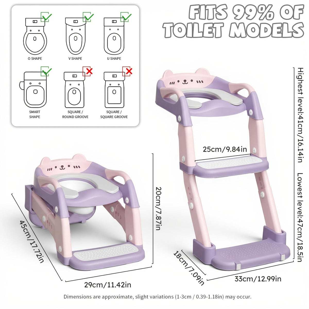 3-in-1 Potty Training Seat, Training Toilet & Potty Chair for Toddlers, Height Adjustable Foldable with Splash Guard & Anti-Slip Steps for Boys & Girls, 4 Colors Including Purple Green Grey & Blue