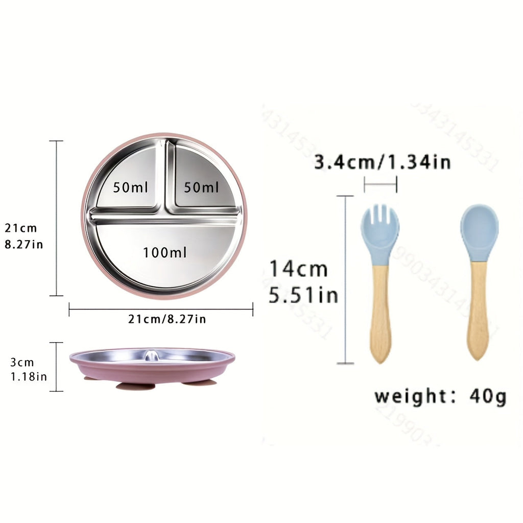 3-Piece Children's Tableware Set, Stainless Steel Plate with Wooden Fork & Spoon for Baby Food & Supplements, Drop-Resistant Easy to Clean, Gray Blue Light Pink & Dark Green, Holiday Gift