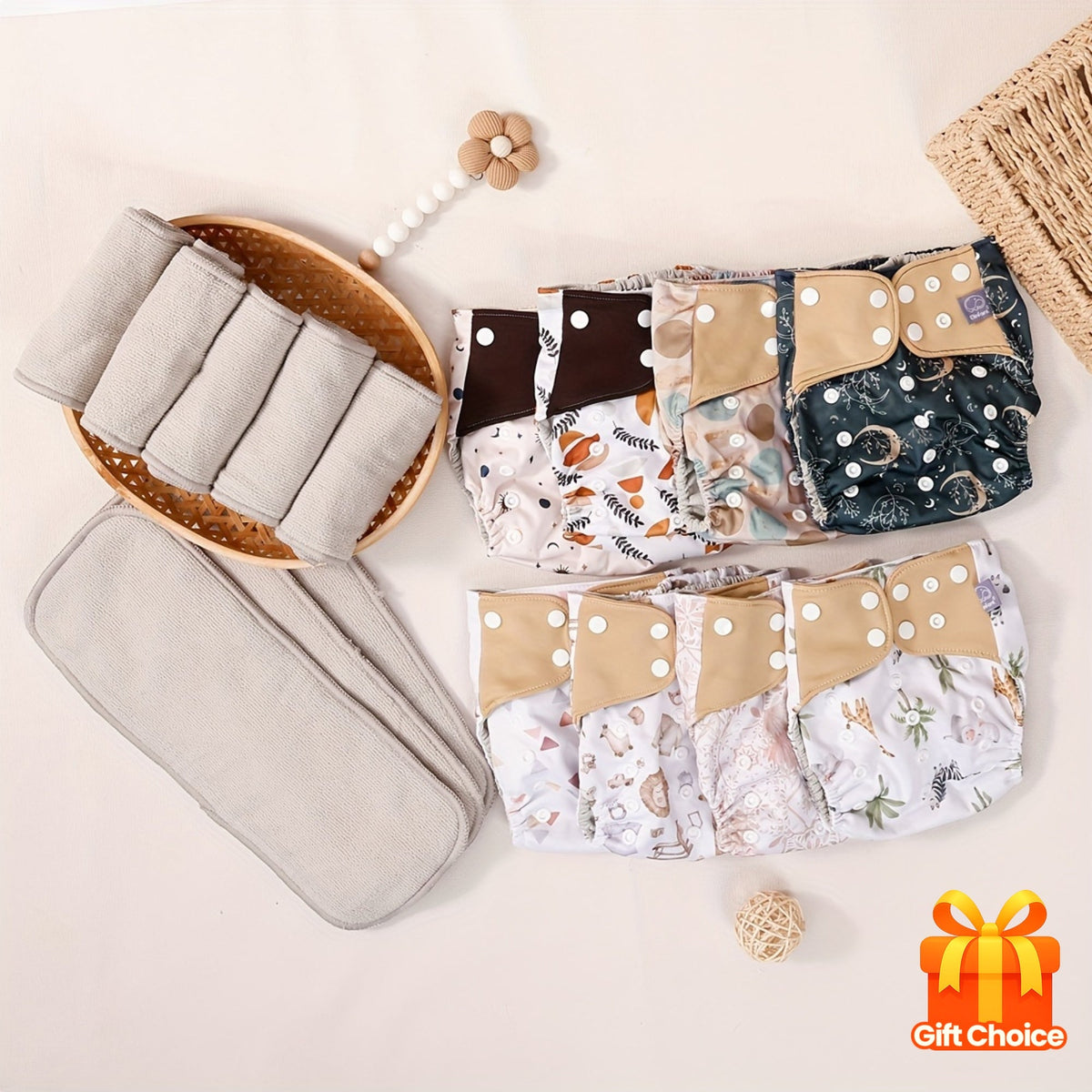 8-Piece Baby Cloth Diaper Set, Super Absorbent Breathable Washable & Reusable One-Size Cloth Diapers with 8 Inserts, Fits 6.6-33 lbs, Animal & Plant Styles, Holiday Gift