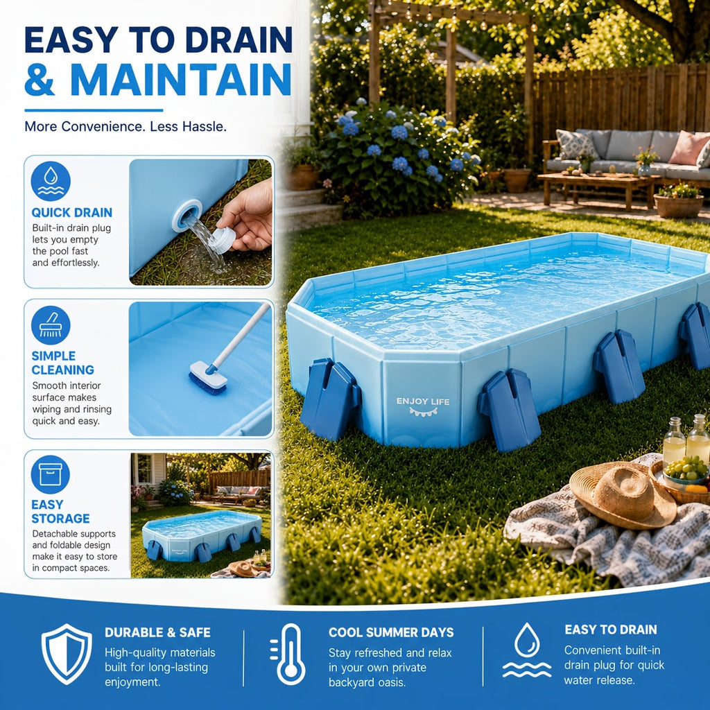 Extra Large Non-Inflatable Foldable Swimming Pool 600L+ Capacity Rigid Puncture-Proof Frame for 4–6 People Family & Pet Use – Backyard Garden Patio – Blue or Gradient Blue