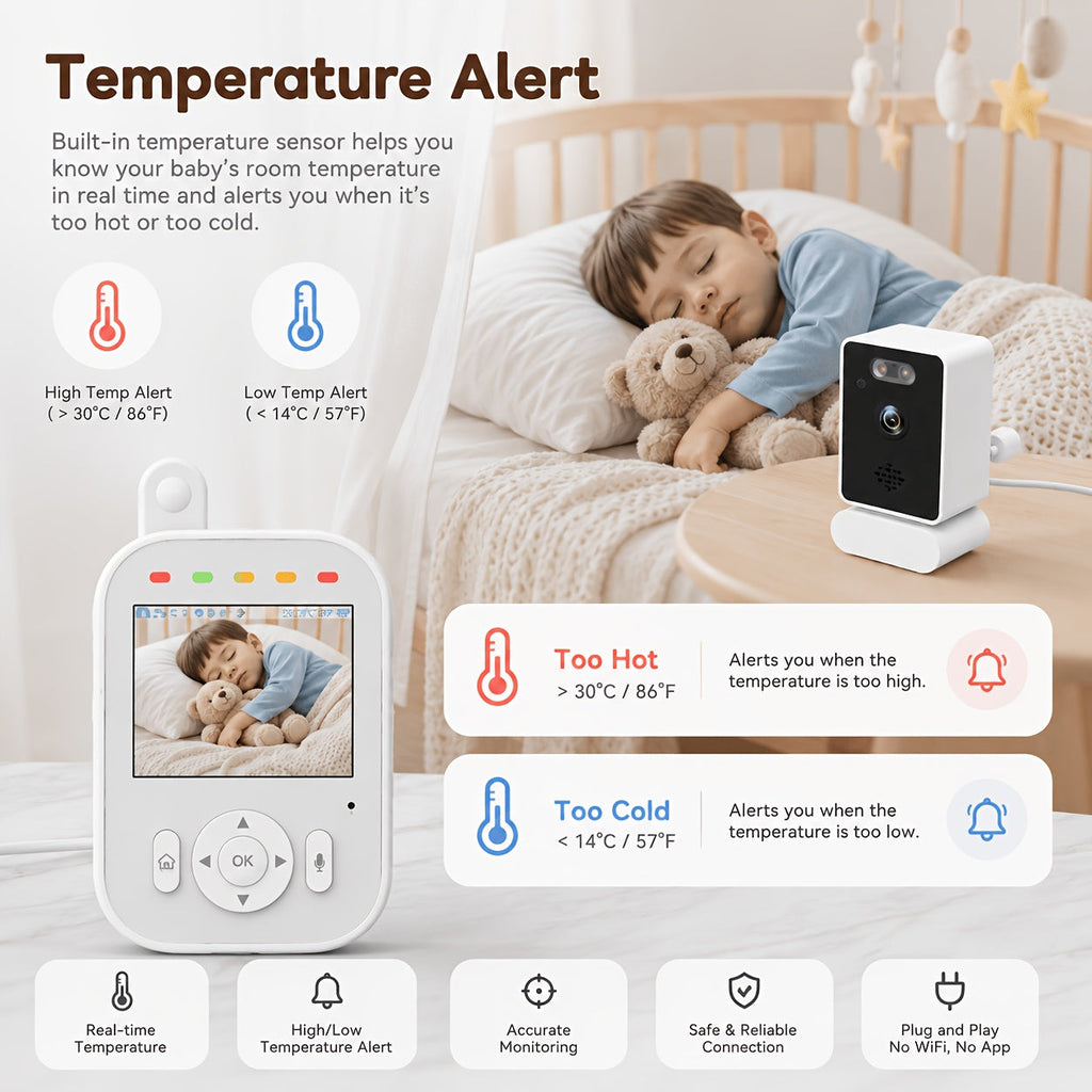 Baby Video Monitor, 2.8-Inch Screen 720p Wireless Baby Monitor with Night Vision Two-Way Audio VOX Mode 6 Lullabies Feeding Alarm & Manual Camera Rotation, No WiFi or App Required, Anti-Hacking, White
