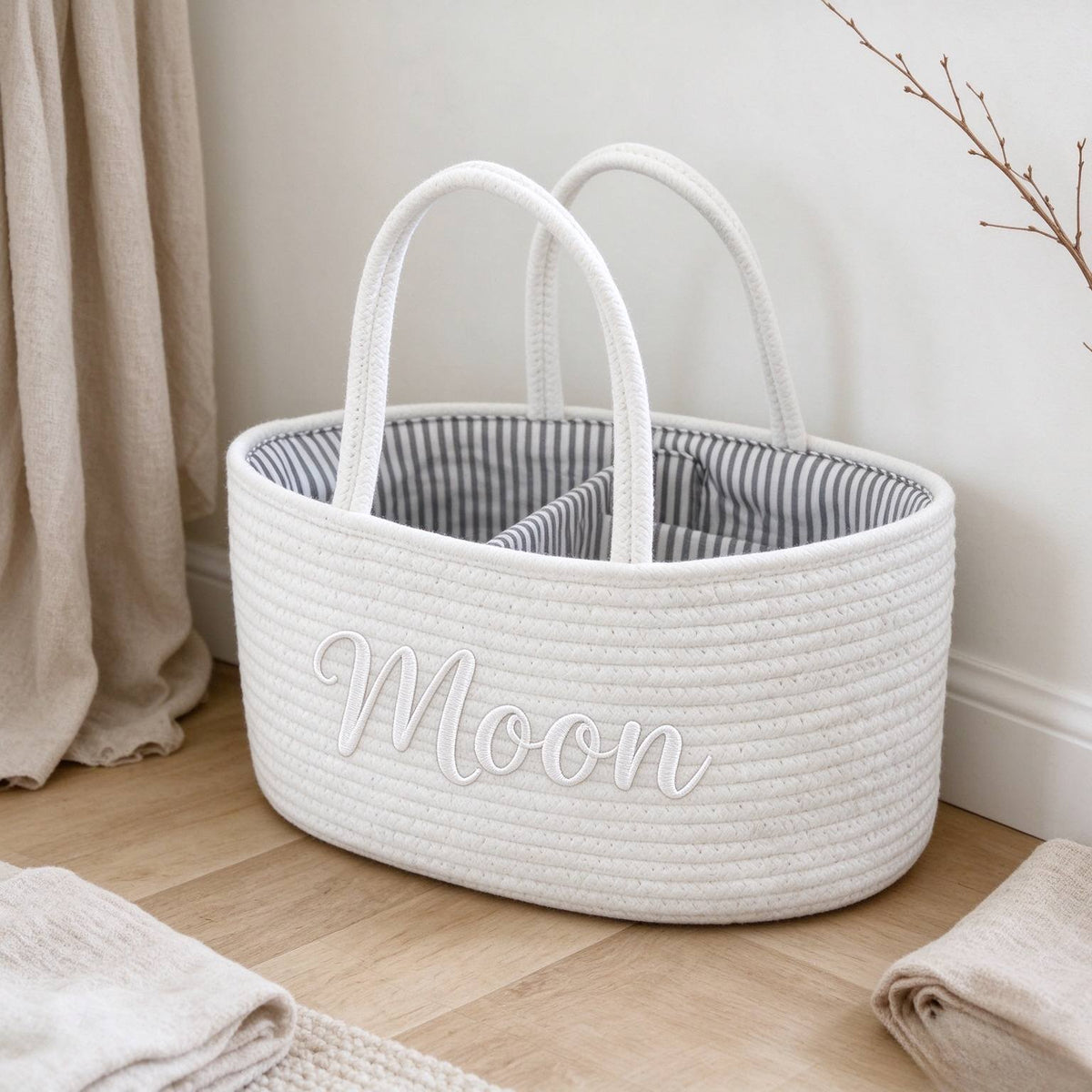 Large Rope Storage Basket with T-Shaped Dividers, 14x9x7 Inch Nursery Diaper Organizer Basket for Diapers Bottles Toys & Household Items, Woven Bin for Baby Room & Home Organization