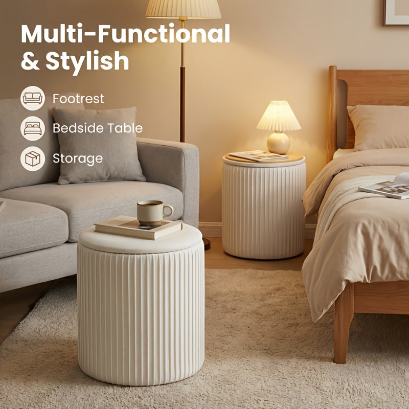 Set of 2 Round Storage Ottomans with Lids - Upholstered, Hidden Storage, Vanity Stools & Coffee Table Alternative for Living Room - Easy Assembly - Grey, Black & Beige