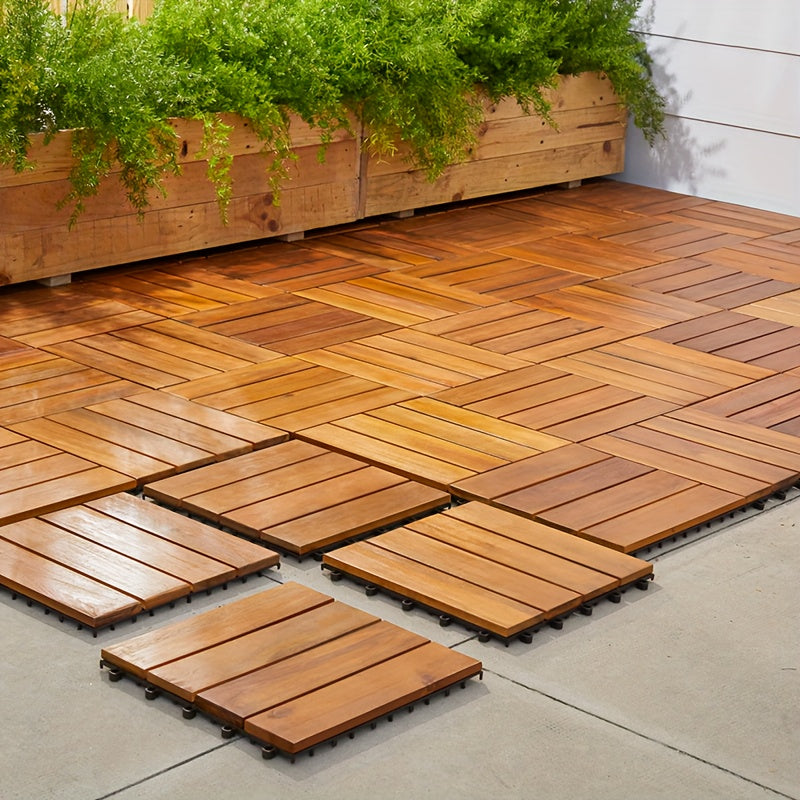 Solid Acacia Wood Interlocking Patio Deck Tiles 12"x12" – 10 or 27-Pack Waterproof Indoor Outdoor Flooring for Balcony Backyard Poolside Checkerboard Pattern