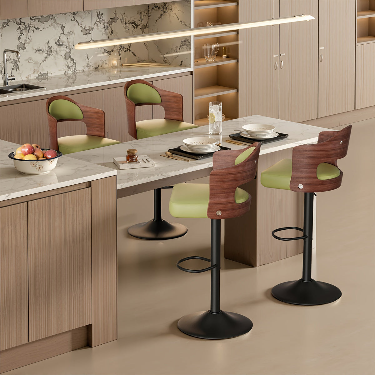 Swivel Bar Stools Set of 4 with PU Leather Upholstered Seat, Wooden Back & Footrest, Counter Height Bar Chairs for Kitchen Island and Dining Room, Black Brown Green White