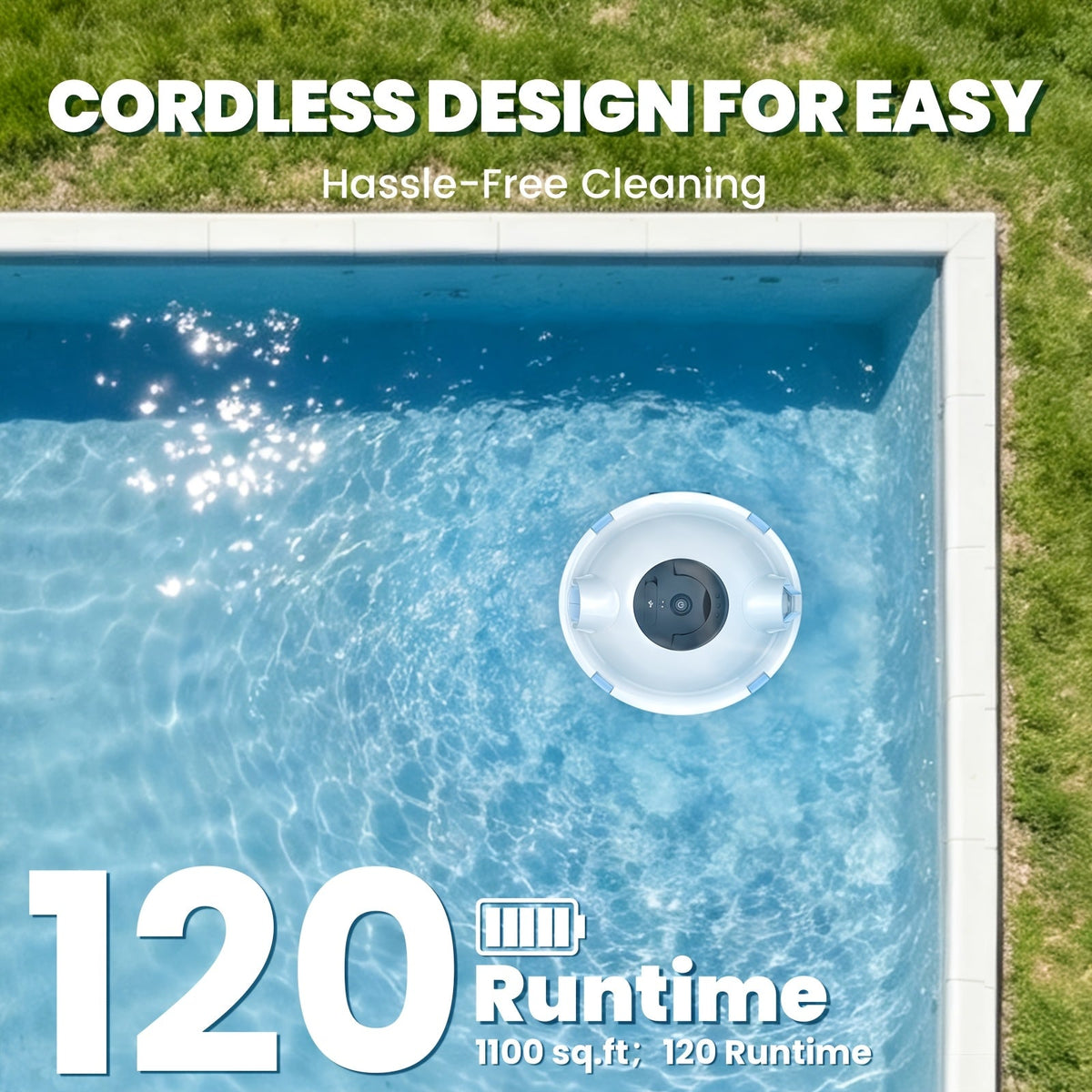 Cordless Robotic Pool Cleaner, 120-Minute Battery, IPX8 Waterproof, Powerful Suction, Covers 1100 Sq Ft, Tracking Rope Included, Auto Random Route Planning, for Flat-Bottom In-Ground & Above-Ground Pools