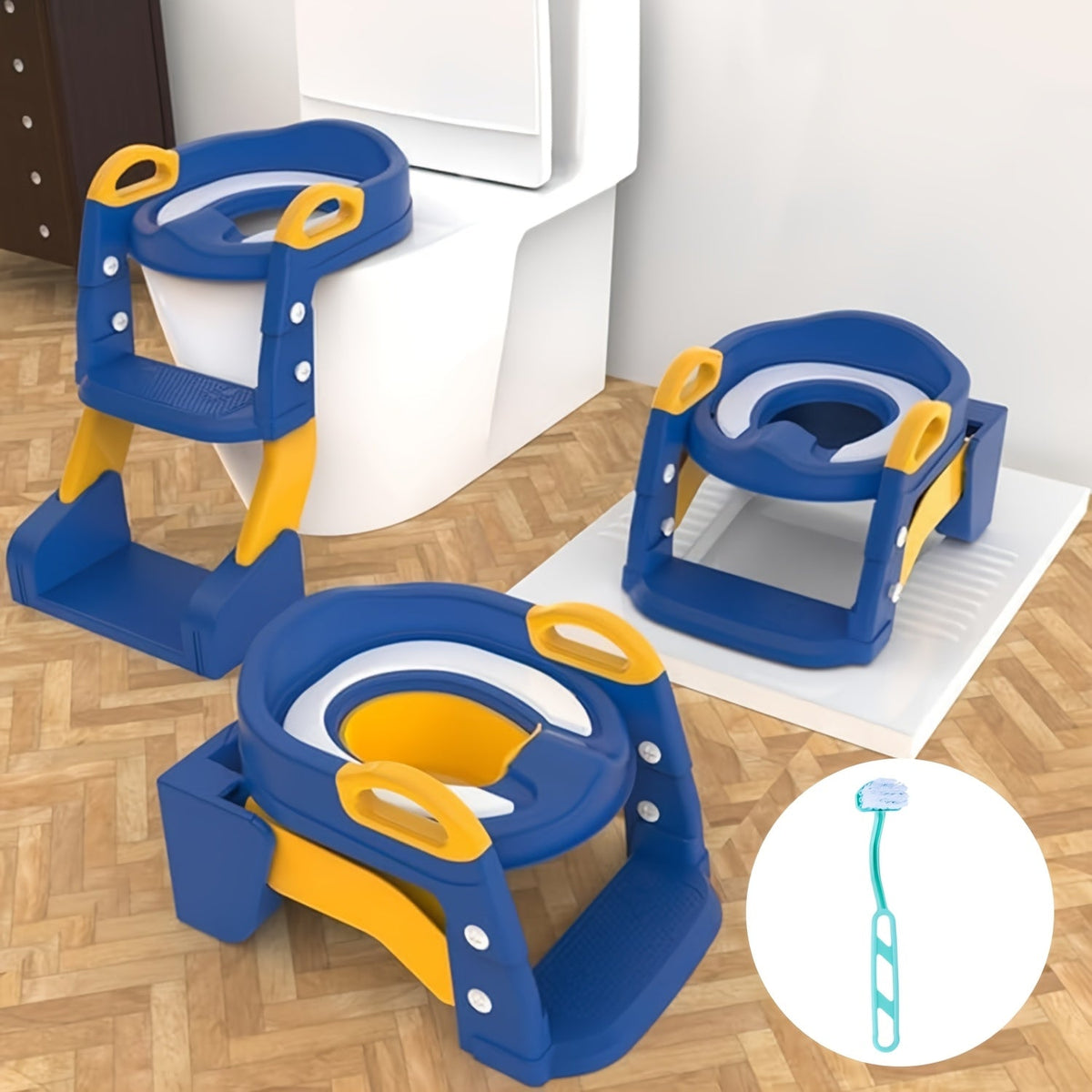 2-in-1 Toddler Toilet Potty Training Seat with Step Stool Ladder, Anti-Slip Adjustable Height Foldable Potty Chair for Kids, Cleaning Brush Included, Pink & Blue