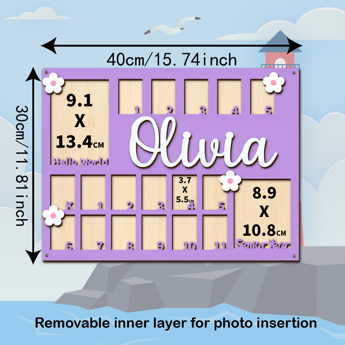 Personalized First Year Baby Growth Photo Frame, Custom Name Fresh Floral Mori Style Memory Frame, Baby Shower Party Decor Prop & Nursery Decoration, 6 Colors Blue Pink Khaki Purple Rose Red & Green