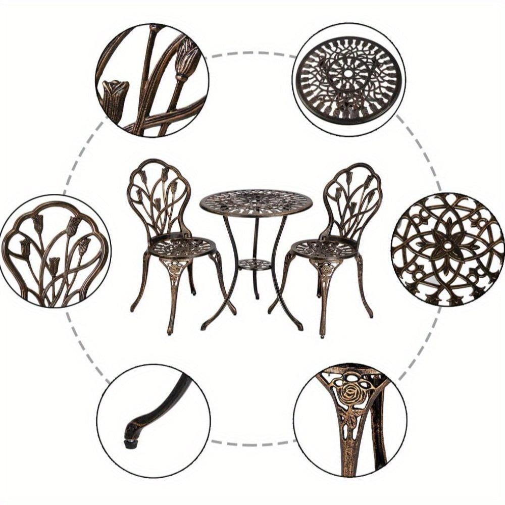 Bonnlo 3-Piece Cast Aluminum Patio Bistro Set Tulip Design Rust-Resistant Outdoor Table & 2 Chairs with Adjustable Feet for Backyard Patio Garden & Balcony – Brown