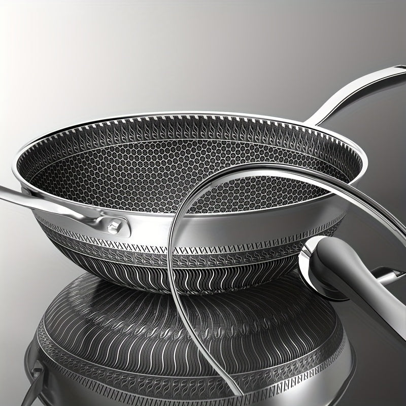 13.3" Tri-Ply Stainless Steel Non-Stick Wok with Lid, Spatula & Brush - Honeycomb Design, Works on All Stoves Including Induction, for Home Cooking & Camping