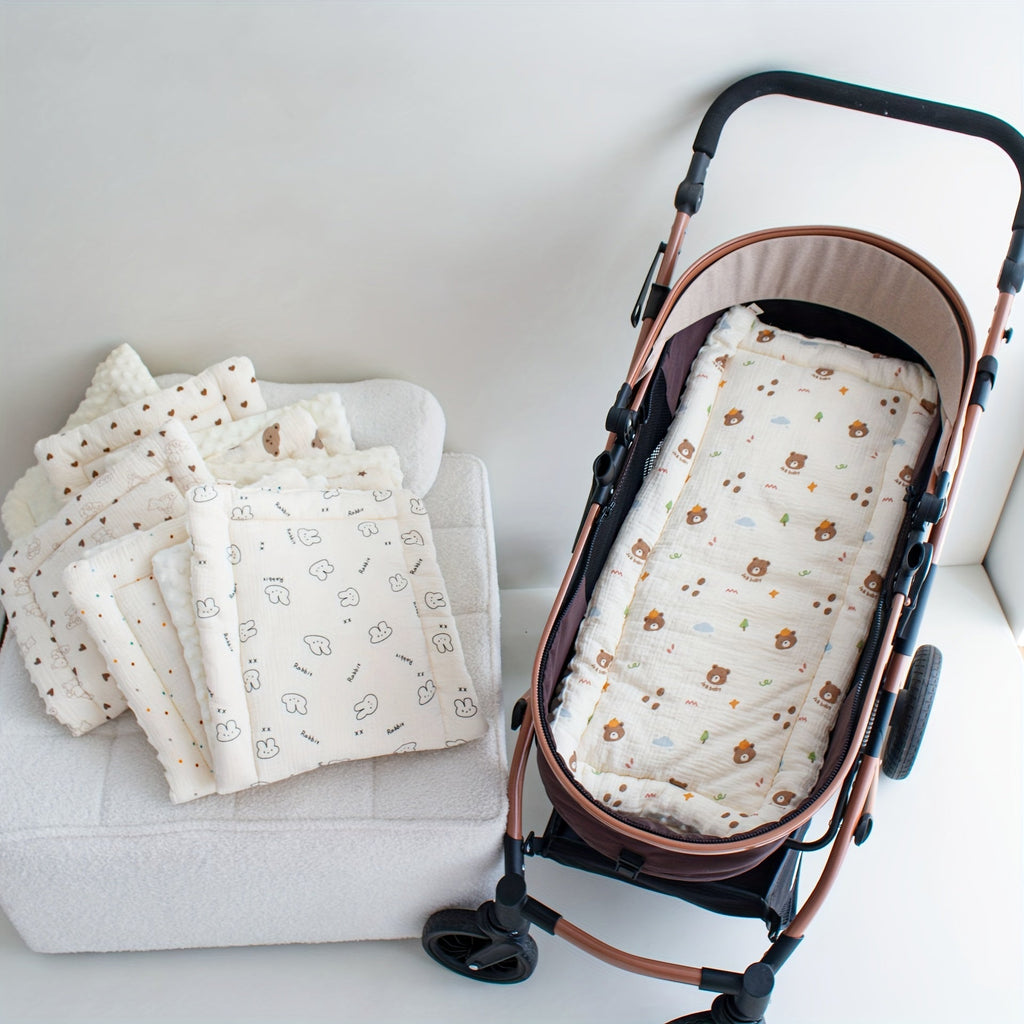 Soft Gauze Baby Stroller Mattress Pad, Breathable Comfortable Stroller Liner for Newborns & Infants, 6 Cute Styles Including Tulip Bear Pink Bunny & Color Dots