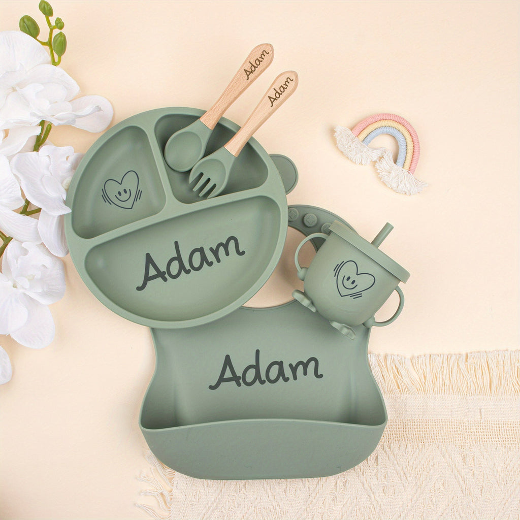 5-Piece Personalized Laser-Engraved Silicone Baby Weaning Set, Custom Name Baby Plate & Cartoon Toddler Feeding Set for Kids, Baby Shower, Christmas & Halloween Gift, Beige, Pink & Gray