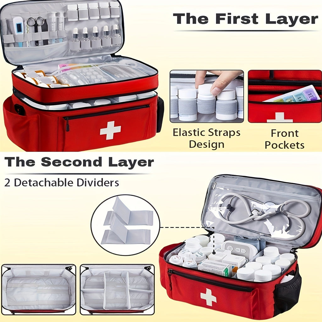 Large First Aid & Emergency Bag with Shoulder Strap - Double-Layer, Multiple Compartments, Mini Compass Included, Portable Emergency Organizer - Red, Gray, Black (Empty Bag Only)