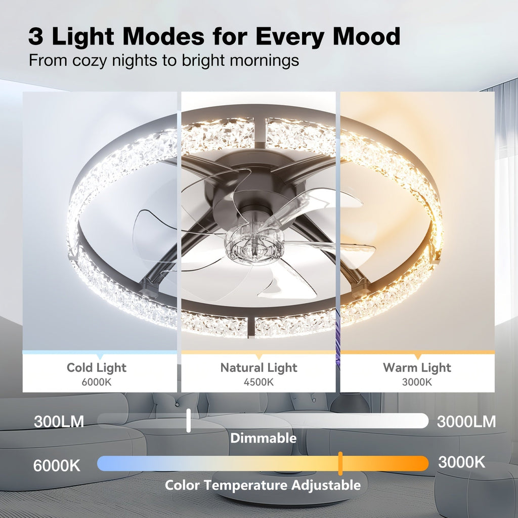 24" Ceiling Fan with Light & Remote – Low Profile Flush Mount 3CCT Dimmable LED 6-Speed Quiet Reversible Motor Modern Fandelier for Bedroom Kitchen Living Room in Black & White