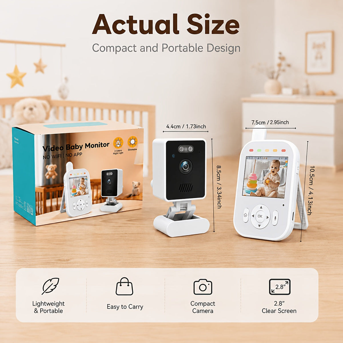 Baby Video Monitor, 2.8-Inch Screen 720p Wireless Baby Monitor with Night Vision Two-Way Audio VOX Mode 6 Lullabies Feeding Alarm & Manual Camera Rotation, No WiFi or App Required, Anti-Hacking, White