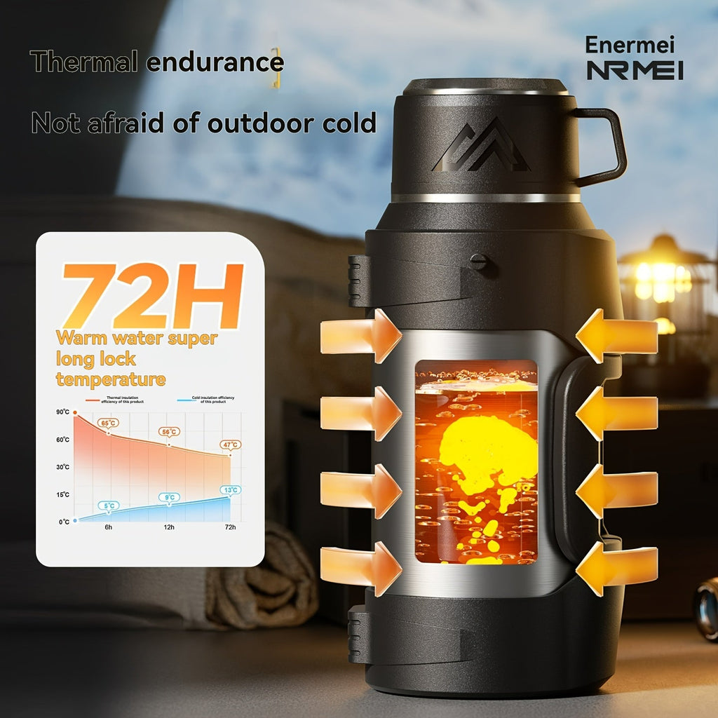 Large Stainless Steel Thermos Flask - 48-Hour Insulation, Handle & Cup Lid, Tea Storage Compartment, Multiple Sizes 1200ml to 4000ml for Outdoor & Camping