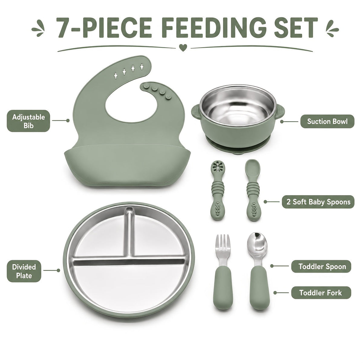 7-Piece Baby Feeding Set Stainless Steel Divided Suction Plate Removable Bowl Adjustable Bib Spoon Fork Self-Feeding Toddler Utensils