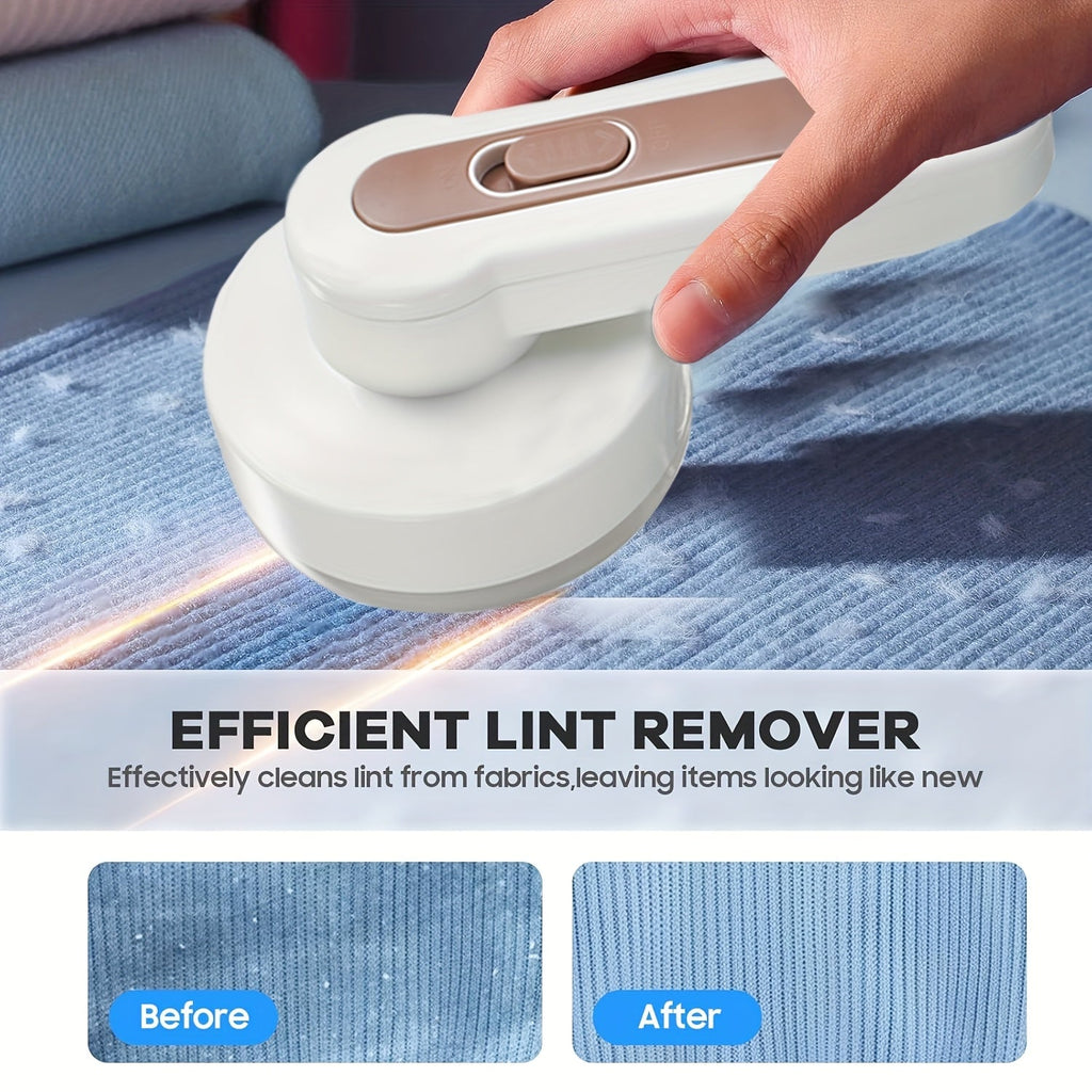 Portable Rechargeable Fabric Shaver & Lint Remover - Cleaning Brush, Spare Blade & USB Cable Included - Removes Lint Balls, Bobbles & Fuzz - Clothes, Furniture & Carpet - White