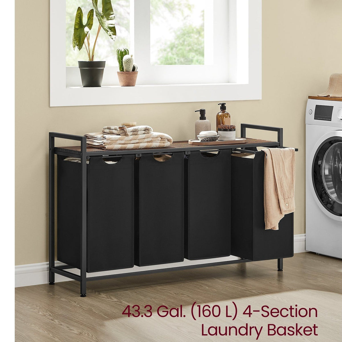 4-Compartment Laundry Sorter & Hamper, 42.3 Gallon Total (4x10.6 Gal), 4 Pull-Out Oxford Fabric Bags, Slatted Ventilation Shelf, 0.8" Steel Frame, Anti-Tip Kit, 45.7"x13"x28.4", Rustic Brown & Black