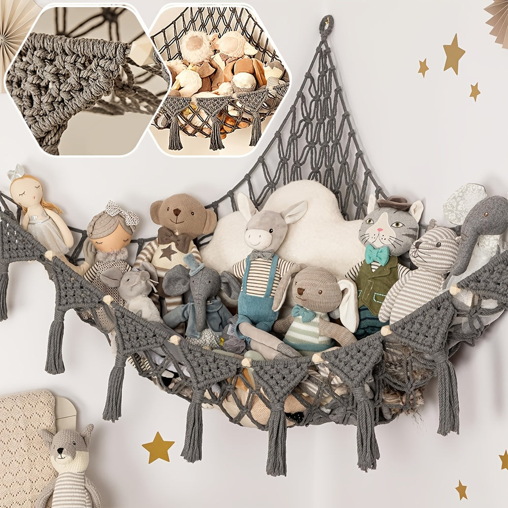 Macrame Stuffed Animal Storage Hammock, Jumbo Corner Hanging Plushie Net Organizer for Kids Nursery & Bedroom Decor, 9 Colors Including White Gray Pink Black & Rainbow