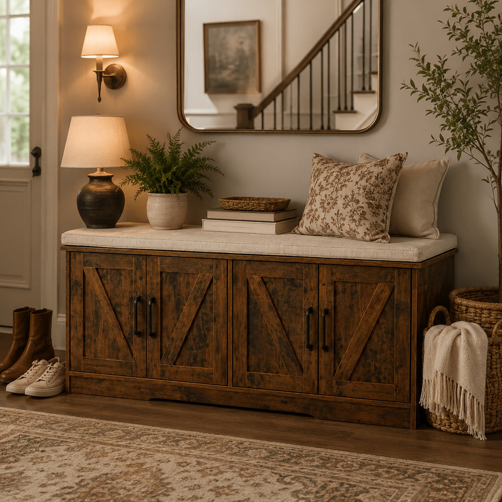 43-Inch Storage Ottoman Bench with 4 Barn Doors, Large Capacity Heavy-Duty Shoe Storage Bench, Long Entryway Bench with Storage for Living Room Foyer Bedroom, Modern Farmhouse Style