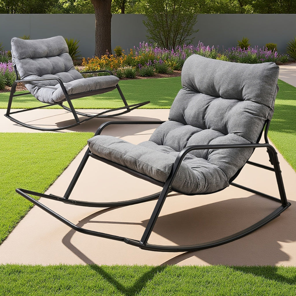 Oversized Outdoor Patio Upholstered Rocking Chair with 5.5" Thick Cushion, Footrest & Double-Sided Storage Bags for Patio Terrace Garden & Balcony – Non-Slip Backing, Available in Beige & Grey, 1 or 2 Pack