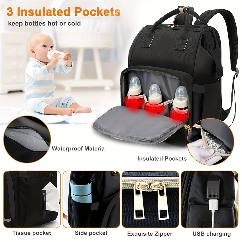 Versatile Baby Diaper Bag Backpack with Stroller Straps & Milk Bottle Pockets, Spacious Stylish Nappy Backpack for Boys & Girls, Infant Diaper Bag, Gray & Black