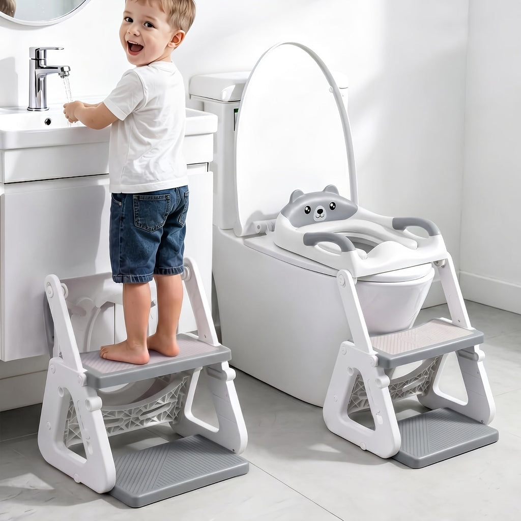 2-in-1 Adjustable Potty Training Toilet Seat with Step Stool for Toddlers, Stable Anti-Slip Potty Seat with Splash Guard for Boys & Girls, Grey White Green & Blue Options