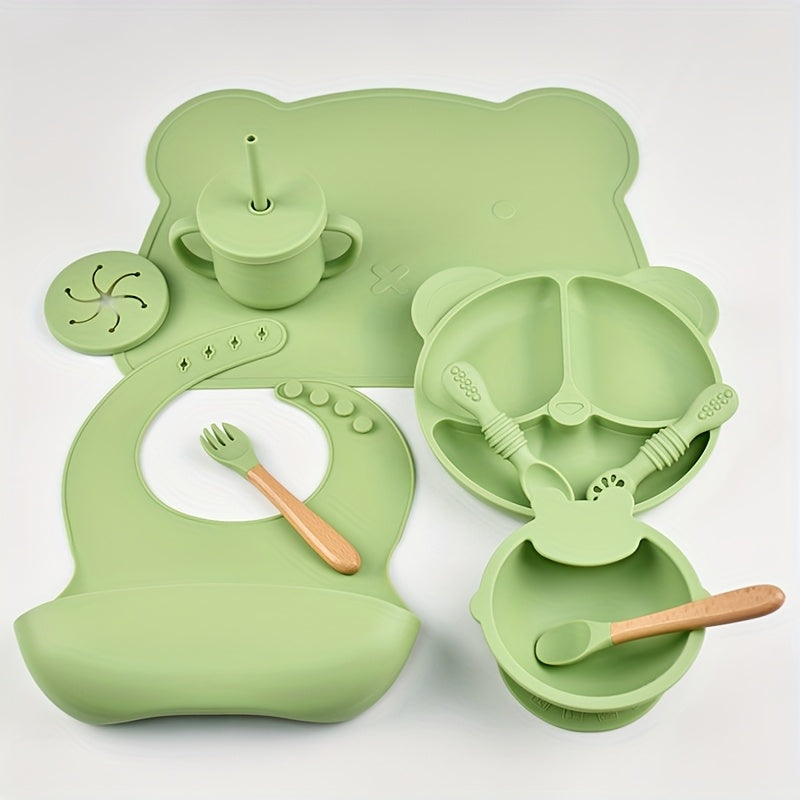 10-Piece Baby Toddler Silicone Tableware Set for Ages 1-3, Complete Feeding Set with Silicone Dinner Plate Fork Spoon Suction Cup Bowl Bib Snack Cup & 2-in-1 Straw Cup, BPA-Free Baby Mealtime Essentials