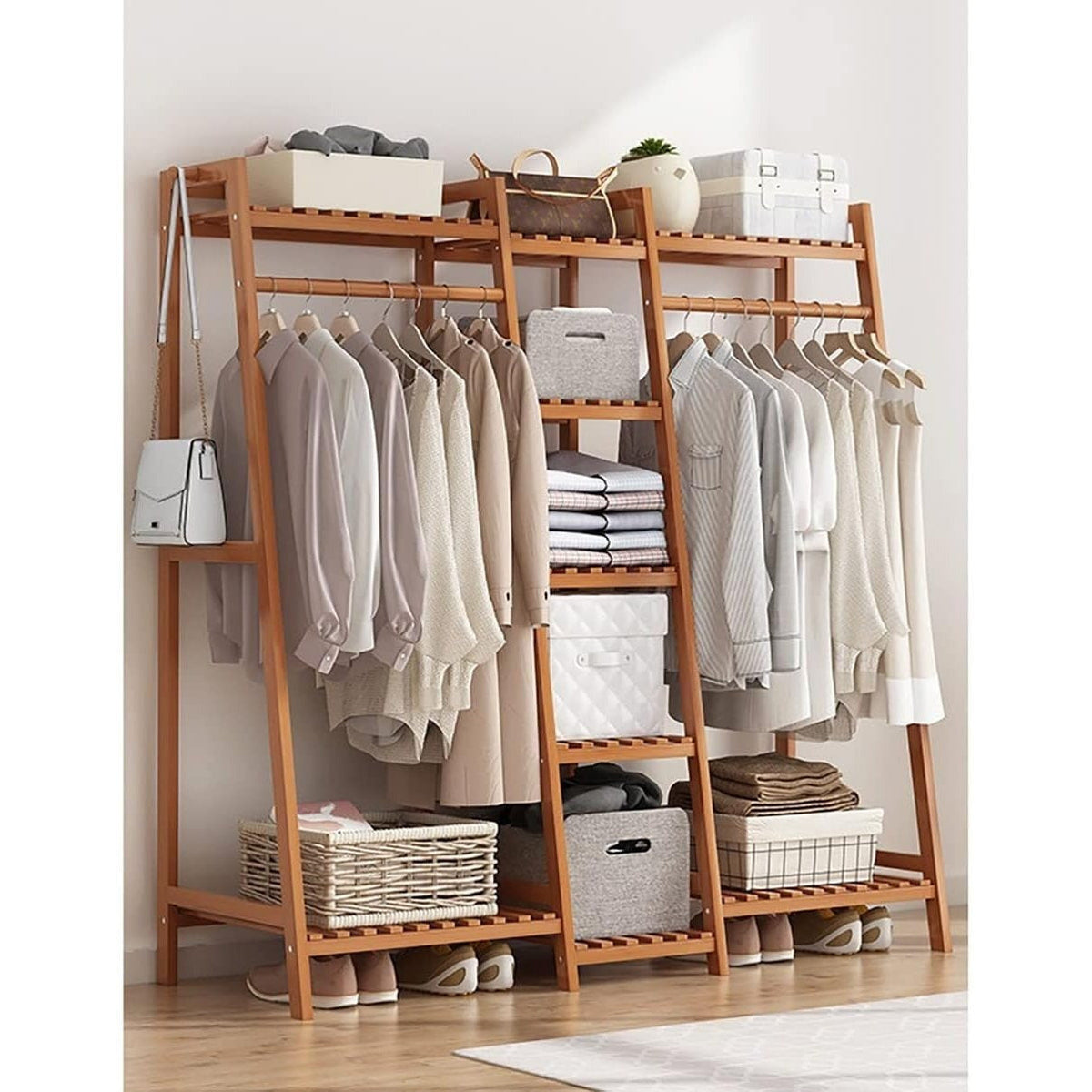 Bamboo Clothes Rack with Shelves Hat Hooks & Storage Bag – Adjustable Multi-Capacity Clothing Stand for Bedroom Closet in 32 / 51 / 75 Inch Brown & Natural