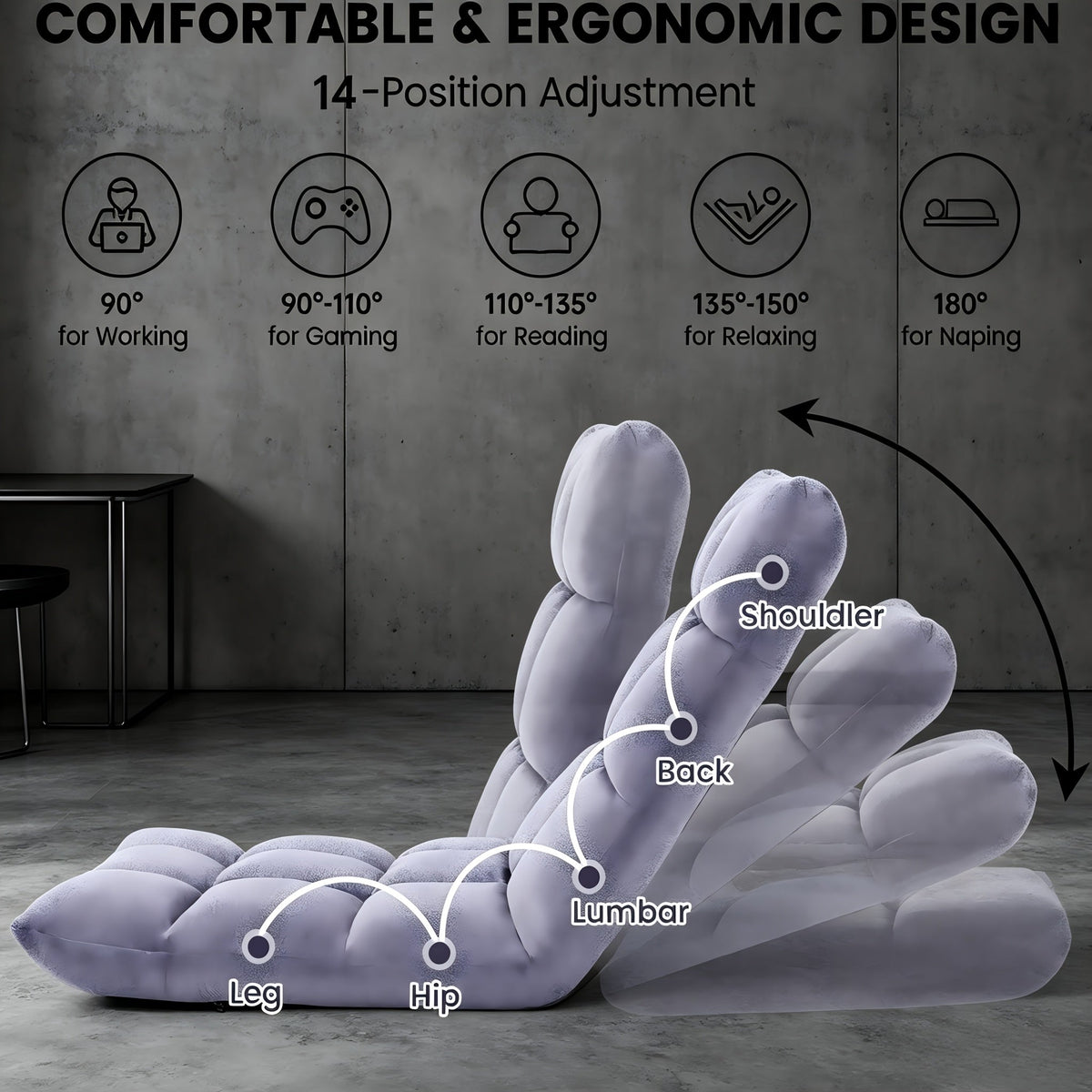 Adjustable Foldable Floor Chair Thick Padded Plush – 14-Position Lazy Sofa Gaming Reading Meditation Yoga Lounger for Bedroom Dorm Apartment