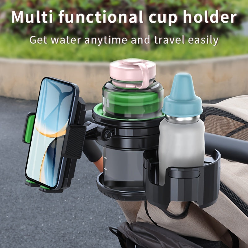 3-in-1 Stroller Cup Holder with Cell Phone Holder, Multifunctional Universal Baby Stroller Organizer Accessory for Cups Bottles & Phones, Fits Most Strollers & Bikes