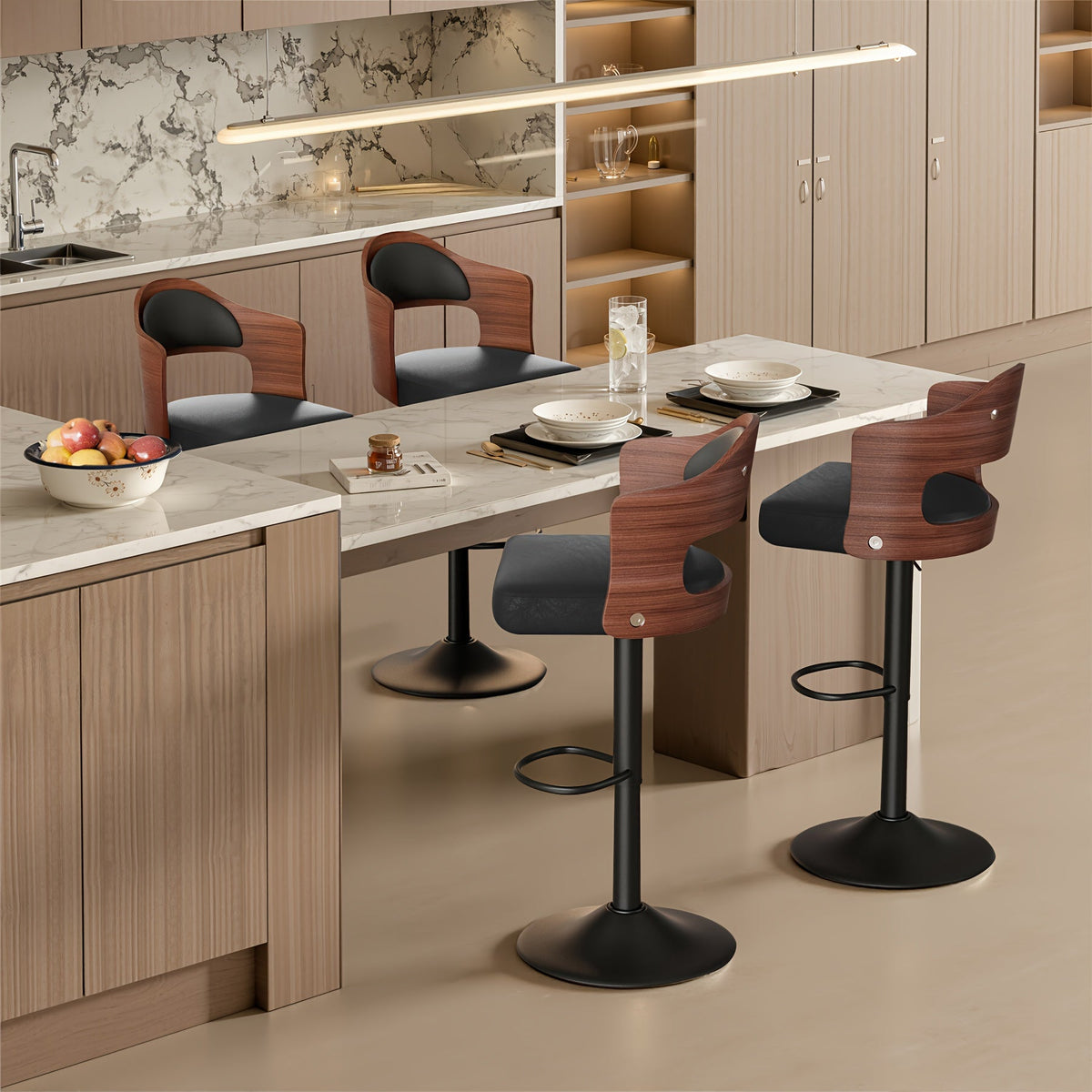 Swivel Bar Stools Set of 4 with PU Leather Upholstered Seat, Wooden Back & Footrest, Counter Height Bar Chairs for Kitchen Island and Dining Room, Black Brown Green White